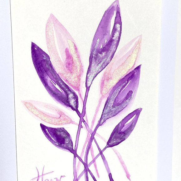 Art Funky Leaves Purple Original Watercolor Painting Handmade Greeting Card - Picture 2 of 5